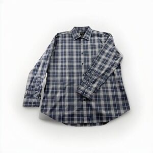 DKNY Men's Long Sleeve Dress Shirt 17.5 34/35 Blue Plaid Stretch Cotton